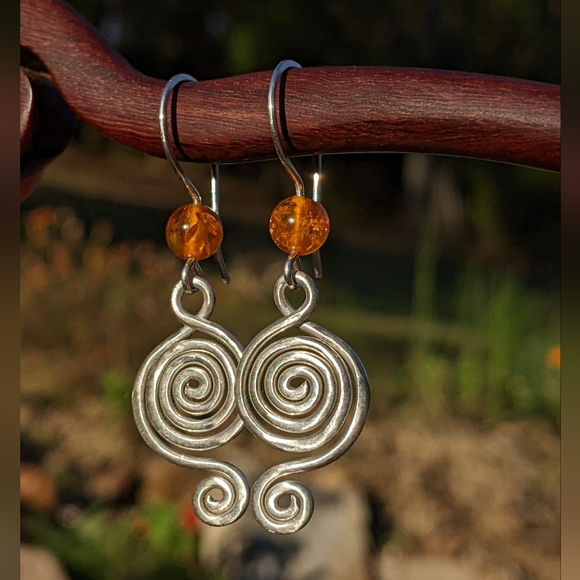 Sterling Silver Baltic Amber Earrings Tribal Spiral Metallic Statement - Picture 5 of 16
